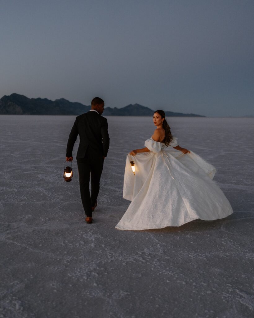 Utah Salt Flats Elopement with lanterns
