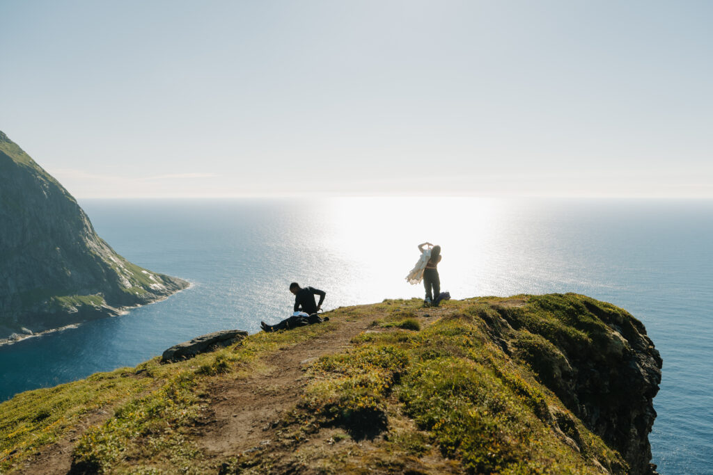 Couple getting ready for lofoten elopement
