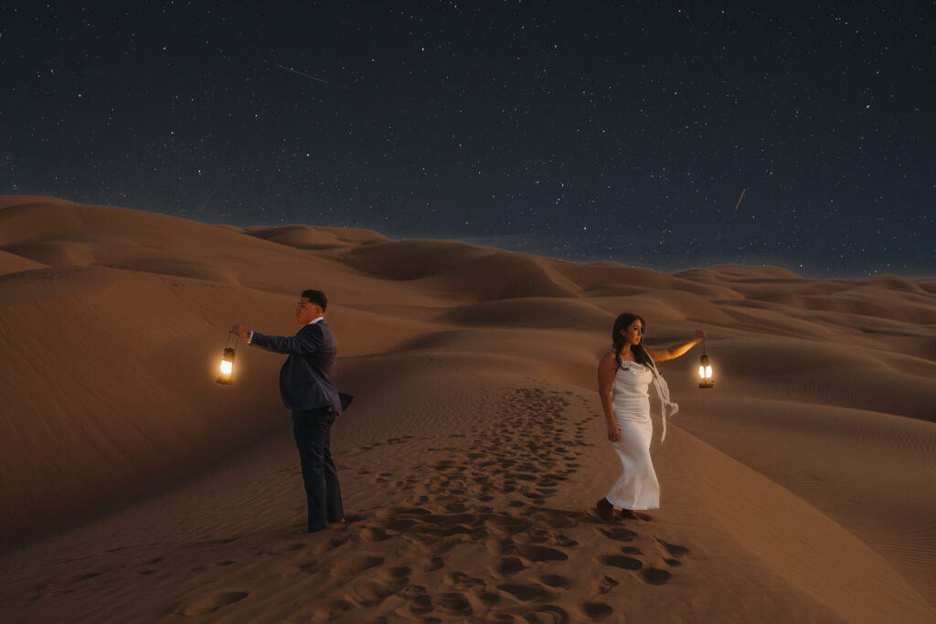 Sand Dunes Elopement Couple with Stars and Lanterns