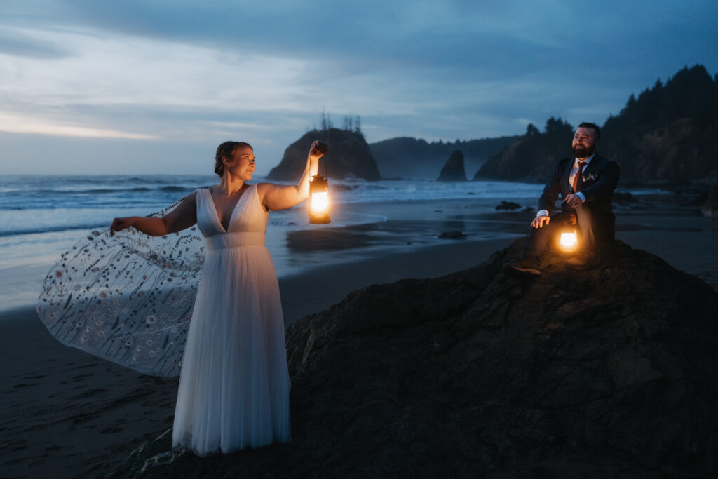 Redwoods Elopement Couple with lanterns